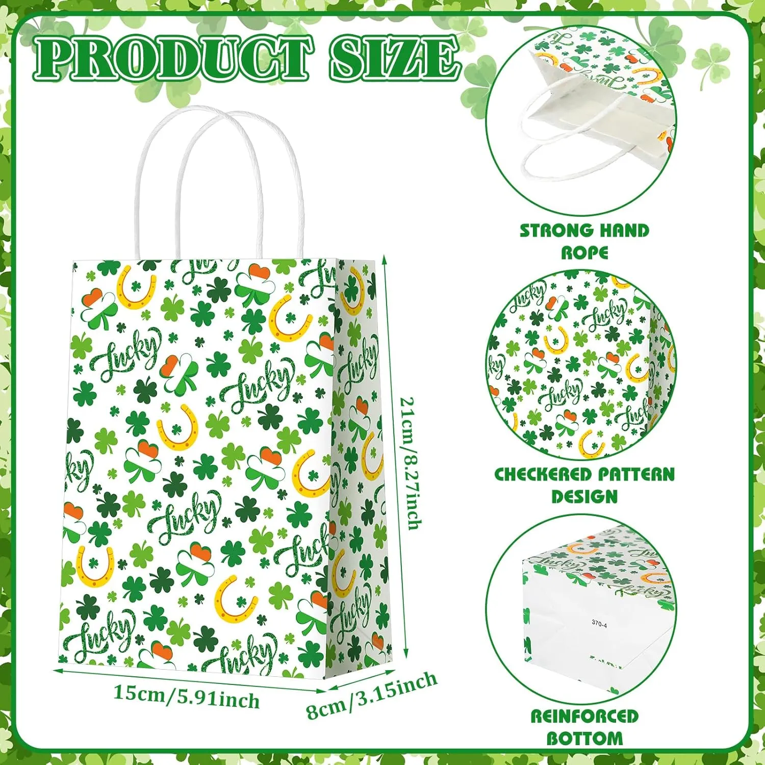 Glenmal 24 Pcs St. Patrick's Day Paper Gift Bags Bulk with Handle Shamrock Irish Goodie Clover Treat Lucky Candy Bags for Happy St. Patrick's Party Favor Supplies Wedding Birthday