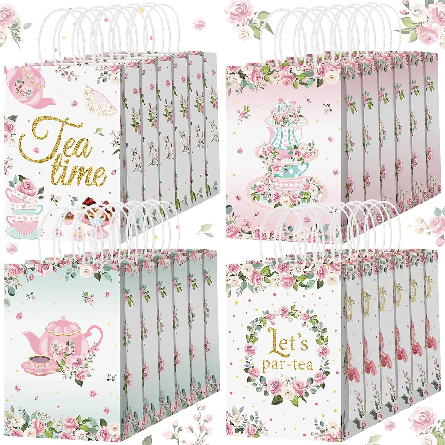 Glenmal 24 Pieces Tea Party Favor Bags Bulk Girl Party Favor Bags Supplies Table Tea Party Decor for Birthday Baby Shower Wedding Favors Girls Women