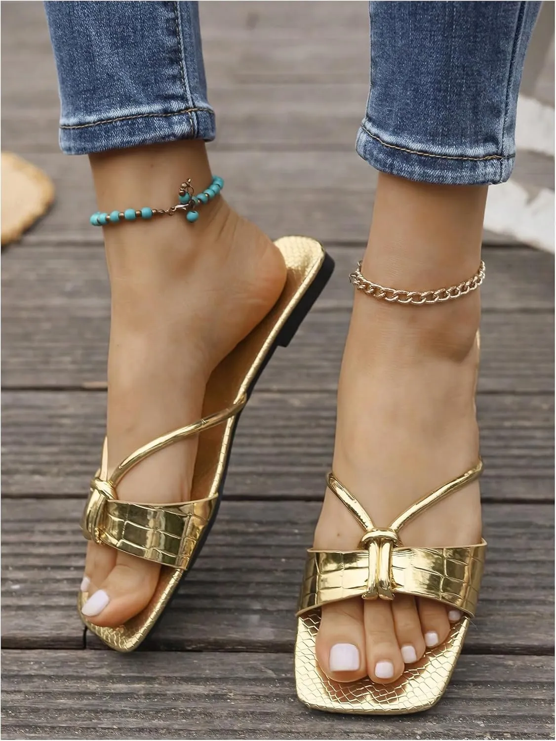 GORGLITTER Women's Metallic Strappy Square Open Toe Sandals Crocodile Embossed Slip On Flats