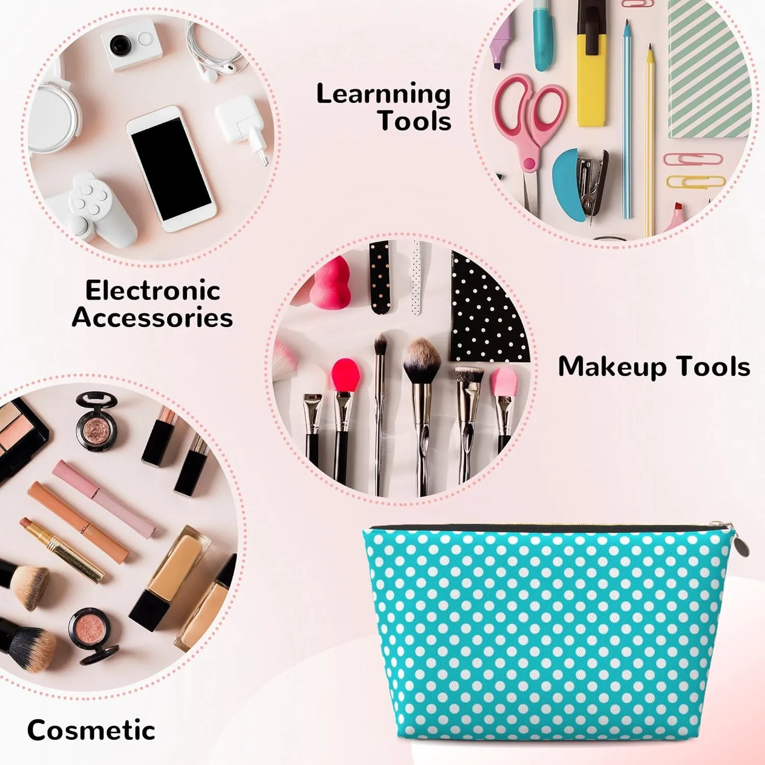 Green and White Polka Dot Cosmetic Bags, Leather Small Makeup Beauty Bag with Golden Zipper, Waterproof Portable Mini Travel Toiletry Pouch Case for Women and Girls