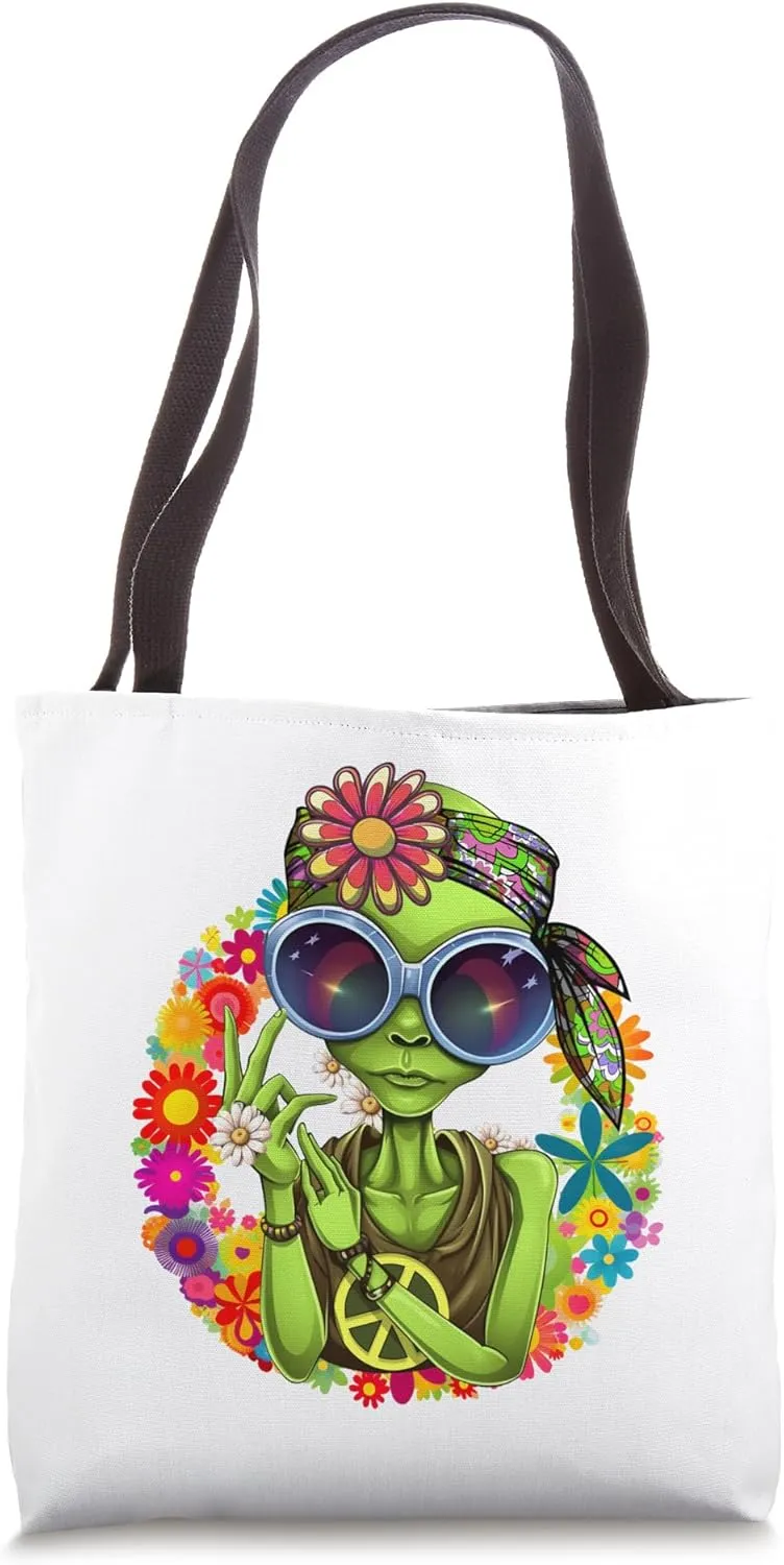 Groovy Alien Hippie UFO Extraterrestrial Peace Sign Floral Tote Bag