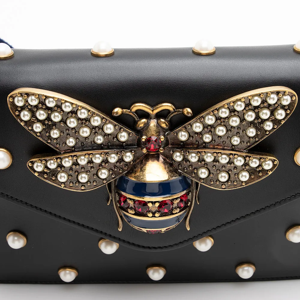 Gucci Calfskin Pearl Bee Broadway Mini Shoulder Bag (SHF-21311)