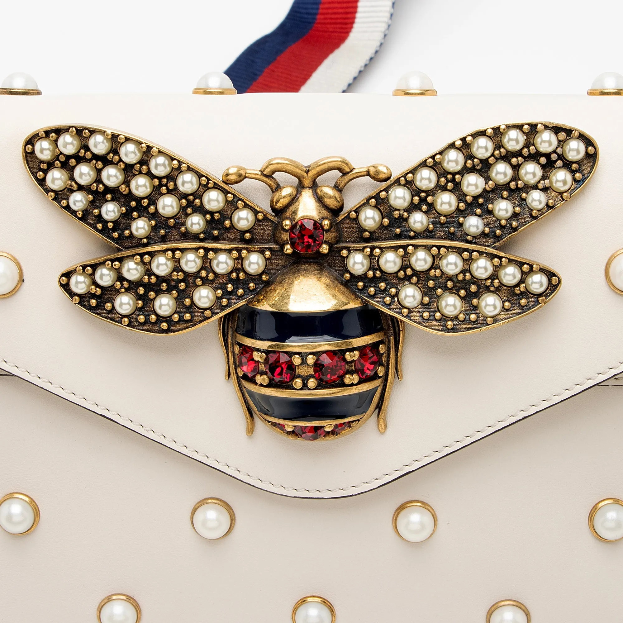 Gucci Calfskin Pearl Bee Broadway Mini Shoulder Bag (SHF-22409)