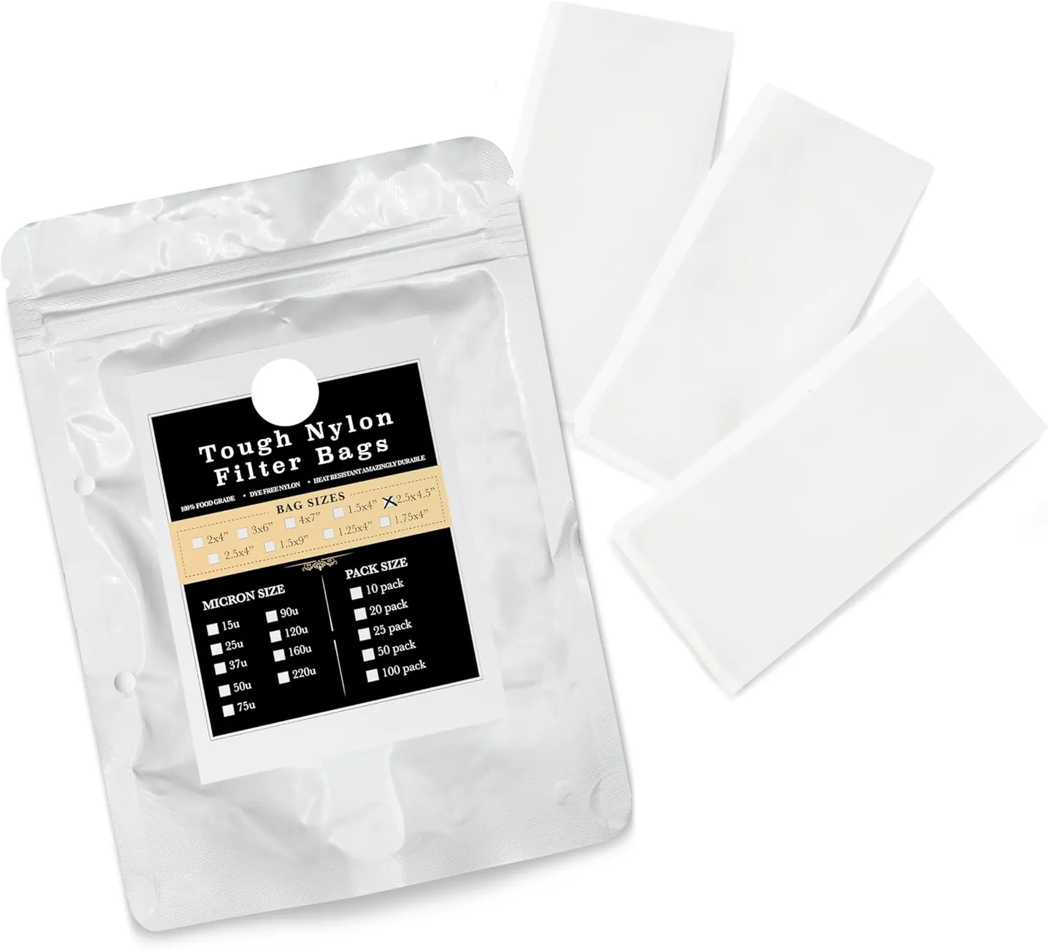 Gutenberg's tough 2.5x4.5 inch nylon micron filter bags 25-50 Packs | tea filter bags | All Micron Sizes (25-Pack, 160 Micron)