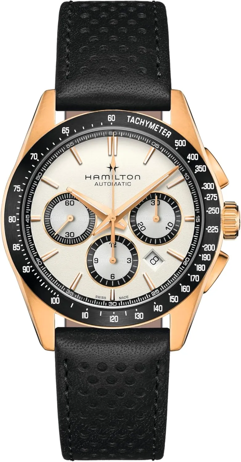 Hamilton Watch Jazzmaster Performer Auto Chrono | Swiss Made | 42mm Stainless Steel Case | White Dial Analog Watch | Black Leather Strap (Model: H36626710)