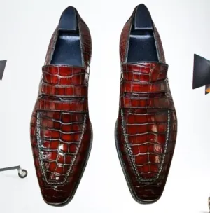 Handmade Mens Alligators shoes, crocodile embossed Leather moccasins