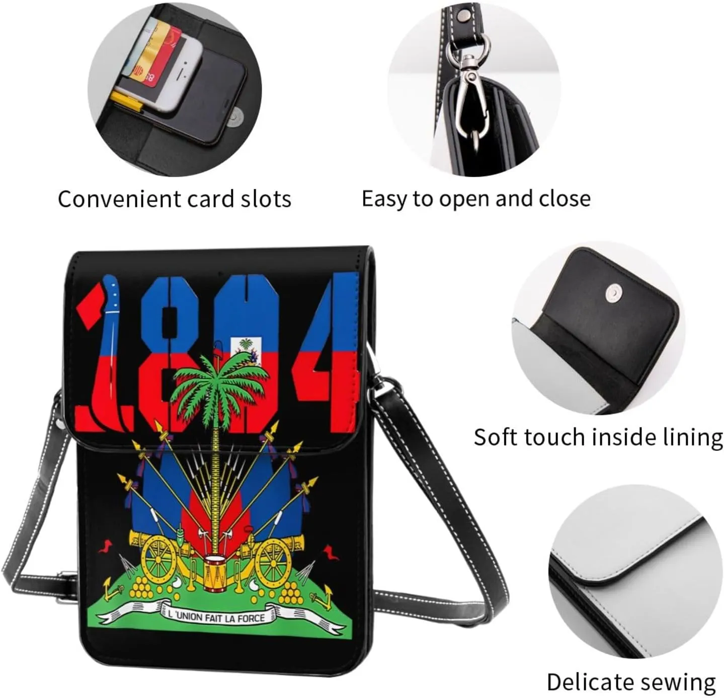 Happy Haitian Flag Day 1804 Leather Crossbody Phone Purse for Women Cute Wallet Bags Lightweight Mini Sling Bag