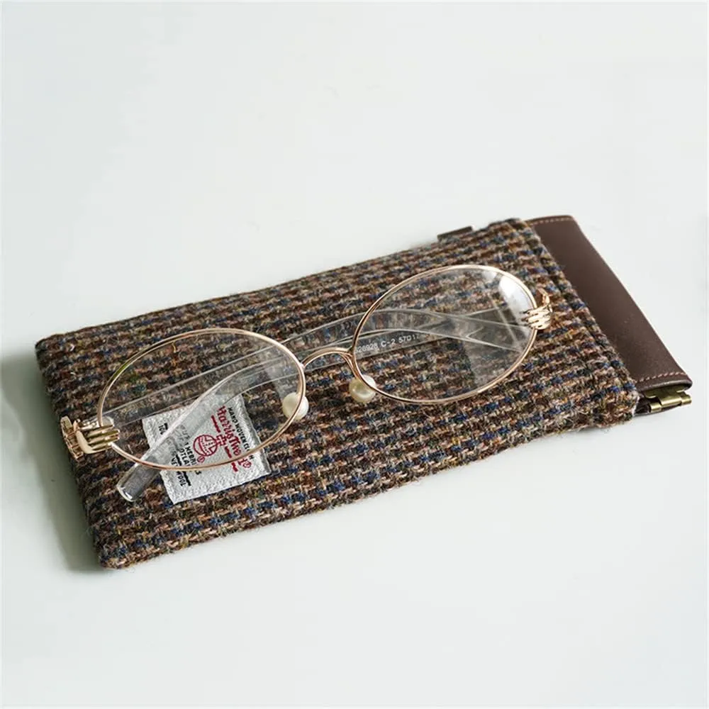 Harris Tweed Squeeze Leather Sunglasses Pouch Spring Storage Glasses Pouch Holder