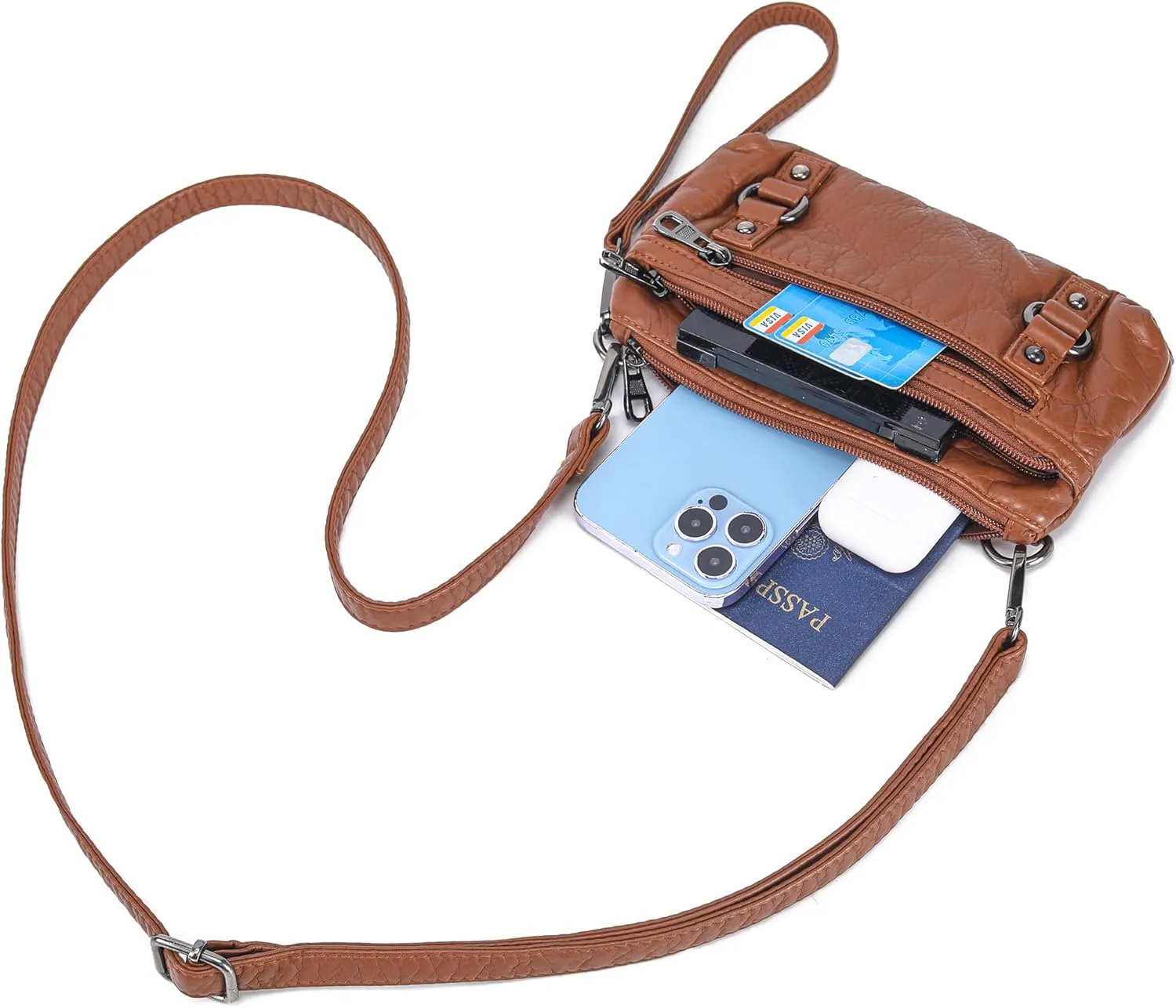 Haytijoe Triple Zip Crossbody Purses Small Crossbody Bags for Women Travel Cell Phone Purse Soft Leather Shoulder Handbags