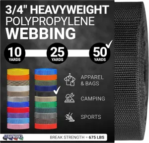 Heavyweight Polypropylene Webbing - Heavy Duty Poly Strapping for Outdoor DIY Gear Repair, 3/4 Inch