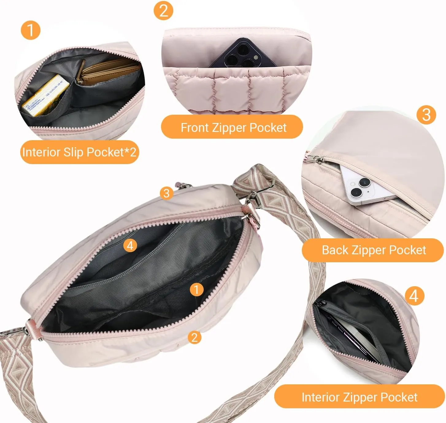 Herald Small Puffer Crossbody Bags for Women, Lightweight Nylon Quilted Shoulder Purse Handbag with Multiple Pockets