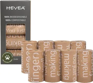 Hevea Biodegradable Dog Poop Bags, 120 Bags/8 Rolls - Leak Proof and Extra Thick Waste Bag Refill Rolls For Dogs - Silky to the touch, Yet Robust And Durable - In Beige