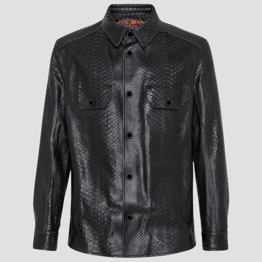 High-Quality Men’s Black Crocodile Embossed Leather Shirt