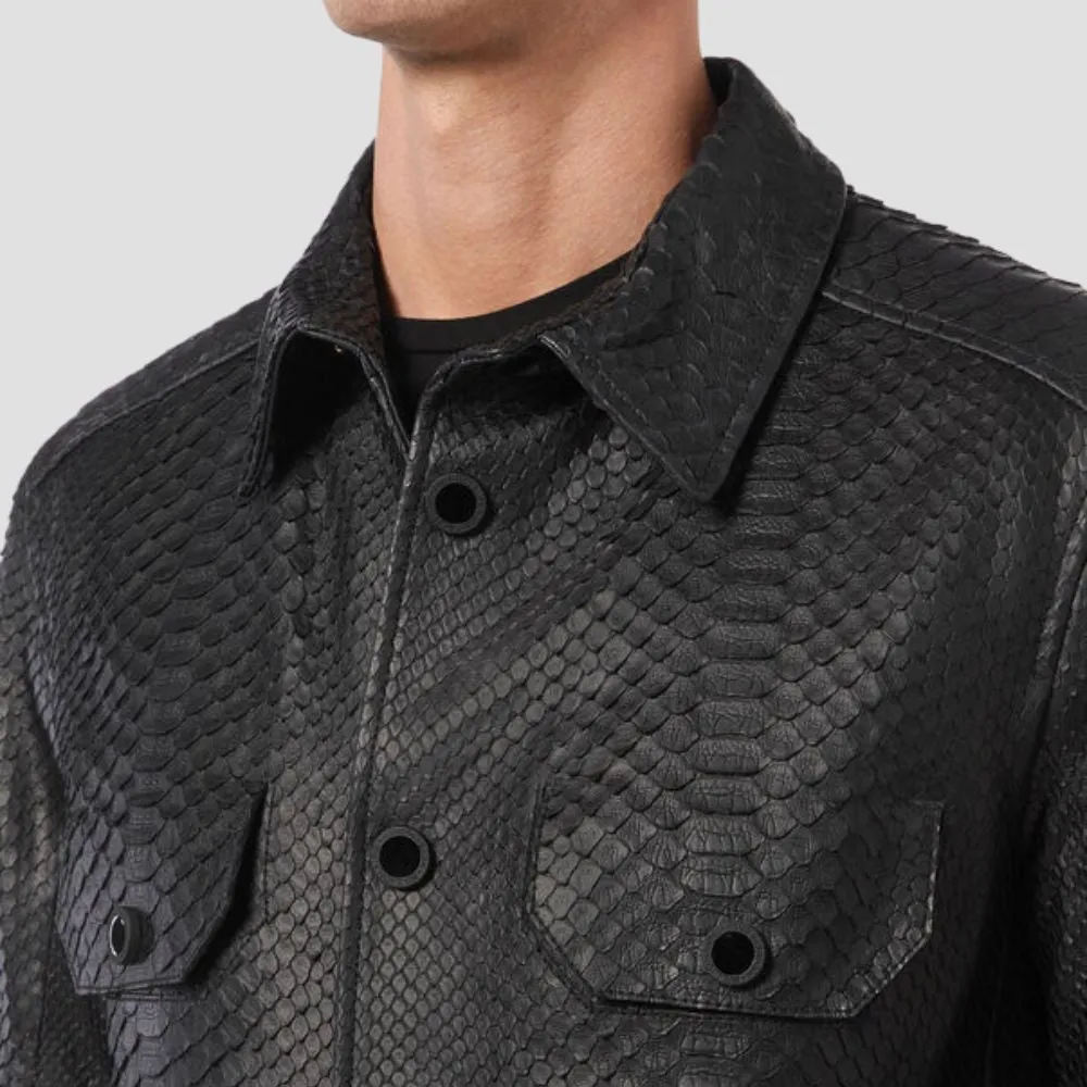 High-Quality Men’s Black Crocodile Embossed Leather Shirt