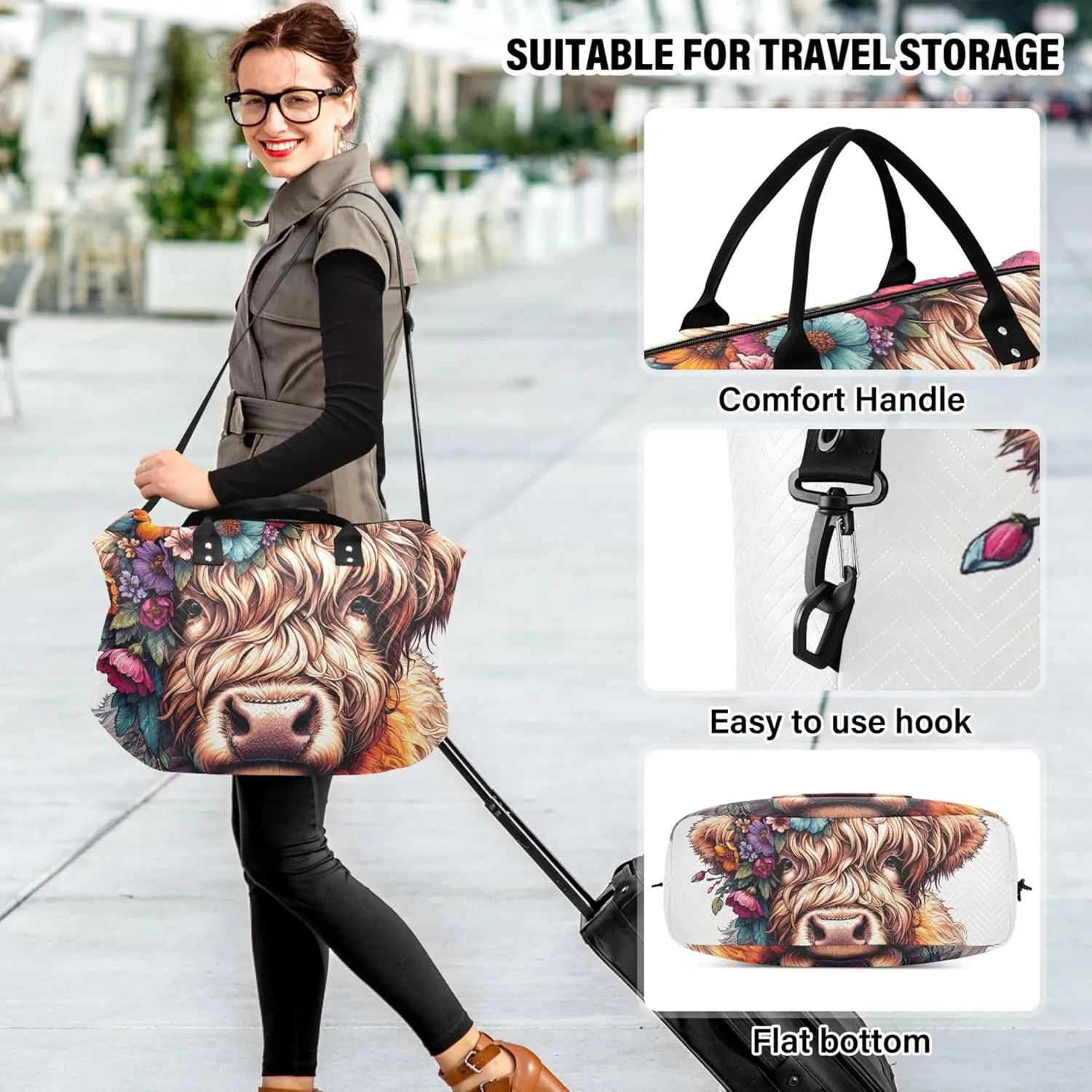 Highland Cow Cute Calf Travel Duffel Bags Cosmetic Pouch Set of 2, Animal Print Tote Gym Bag Duffle Carry on Bag