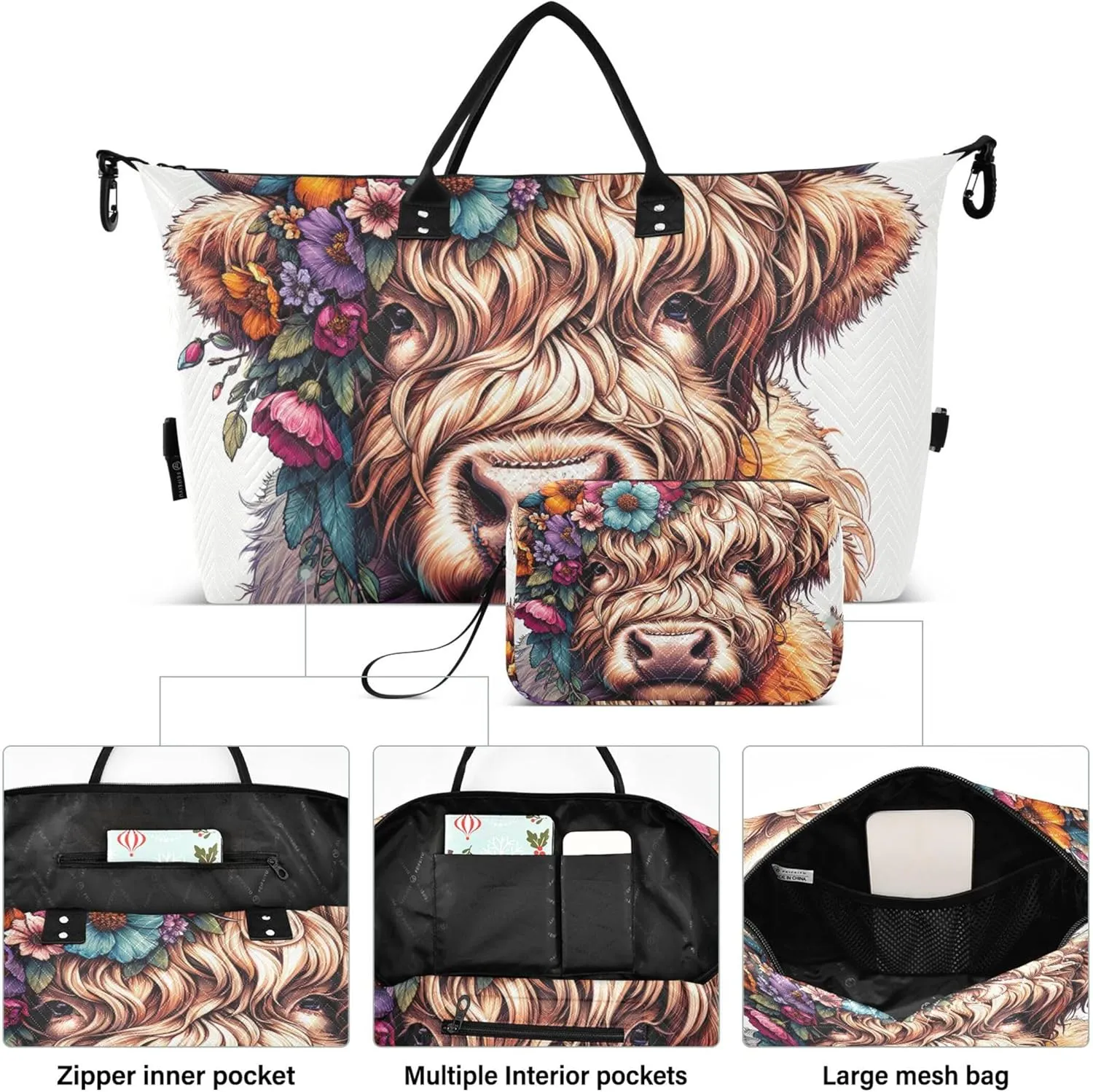 Highland Cow Cute Calf Travel Duffel Bags Cosmetic Pouch Set of 2, Animal Print Tote Gym Bag Duffle Carry on Bag