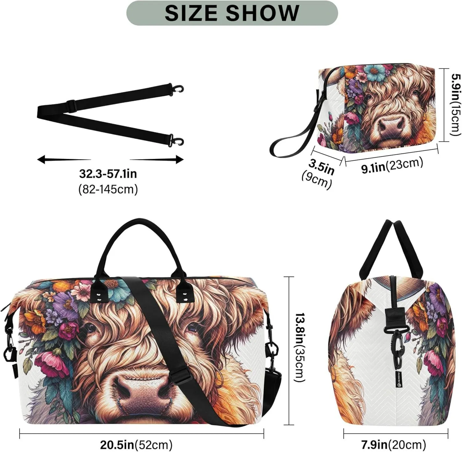 Highland Cow Cute Calf Travel Duffel Bags Cosmetic Pouch Set of 2, Animal Print Tote Gym Bag Duffle Carry on Bag