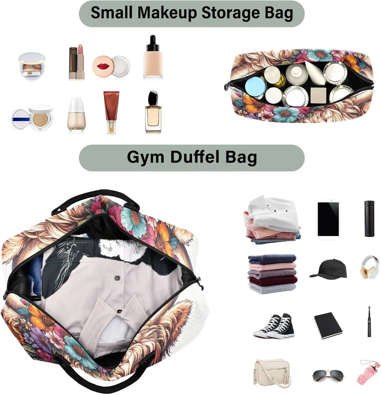 Highland Cow Cute Calf Travel Duffel Bags Cosmetic Pouch Set of 2, Animal Print Tote Gym Bag Duffle Carry on Bag