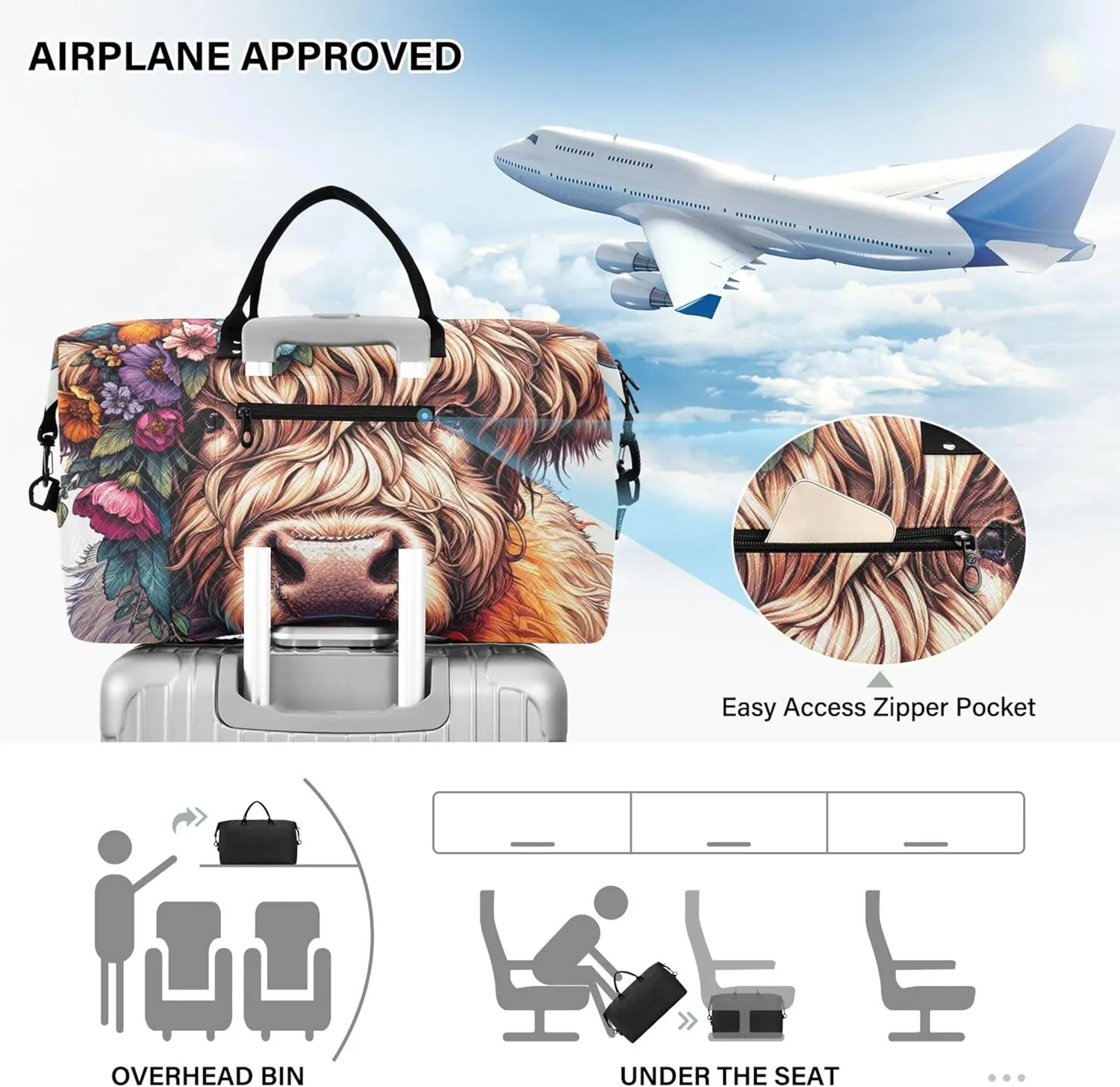 Highland Cow Cute Calf Travel Duffel Bags Cosmetic Pouch Set of 2, Animal Print Tote Gym Bag Duffle Carry on Bag