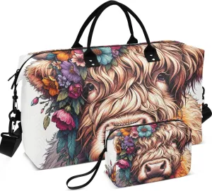 Highland Cow Cute Calf Travel Duffel Bags Cosmetic Pouch Set of 2, Animal Print Tote Gym Bag Duffle Carry on Bag