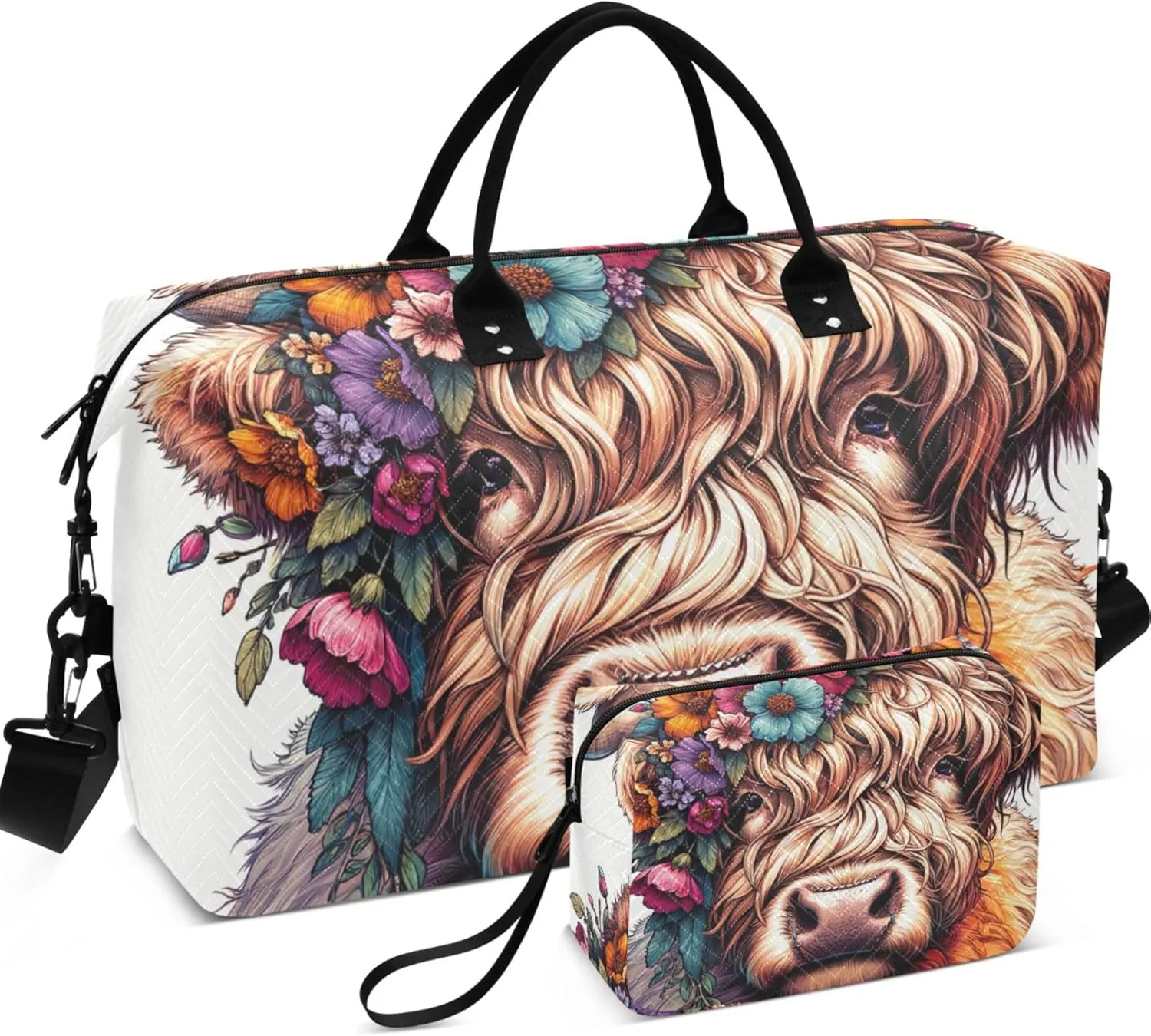 Highland Cow Cute Calf Travel Duffel Bags Cosmetic Pouch Set of 2, Animal Print Tote Gym Bag Duffle Carry on Bag