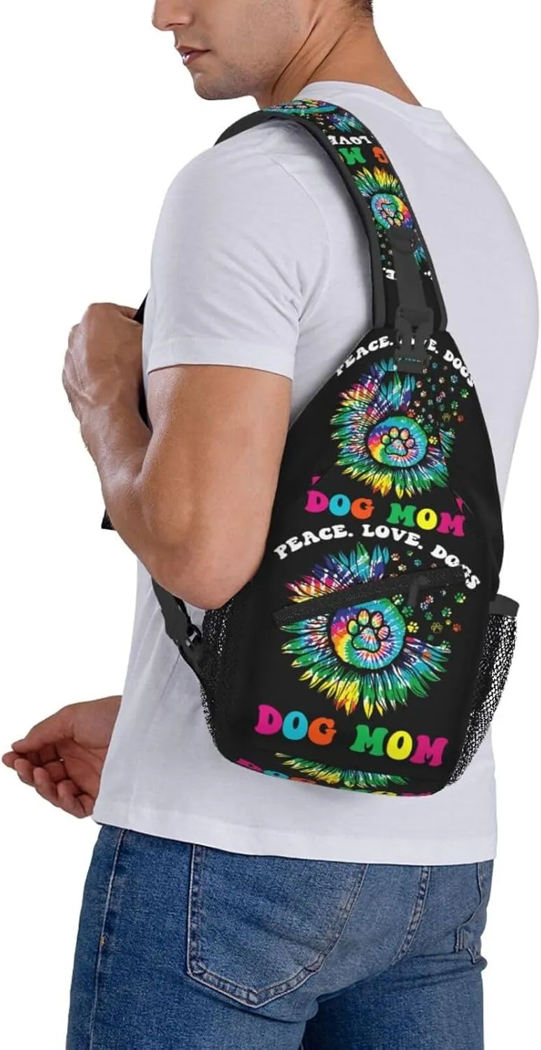 Hippie Dog Mom Peace Love Dogs Tie Dye Crossbody Bag Cross Chest Bag Adjustable Sling Backpack Sports Gym Shoulder Bags Travel Cycling Daypack Diagonally Casual Rucksack