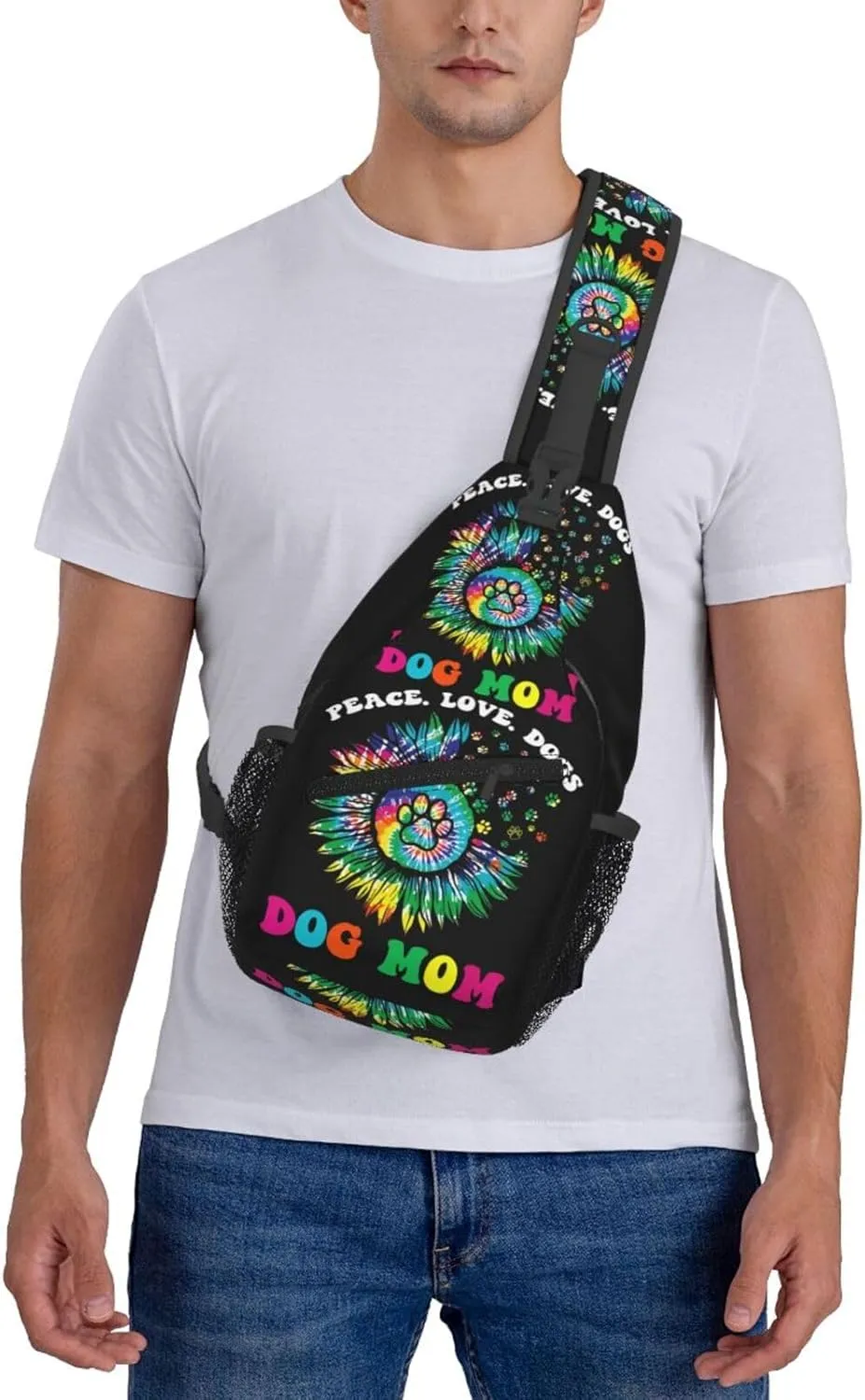 Hippie Dog Mom Peace Love Dogs Tie Dye Crossbody Bag Cross Chest Bag Adjustable Sling Backpack Sports Gym Shoulder Bags Travel Cycling Daypack Diagonally Casual Rucksack