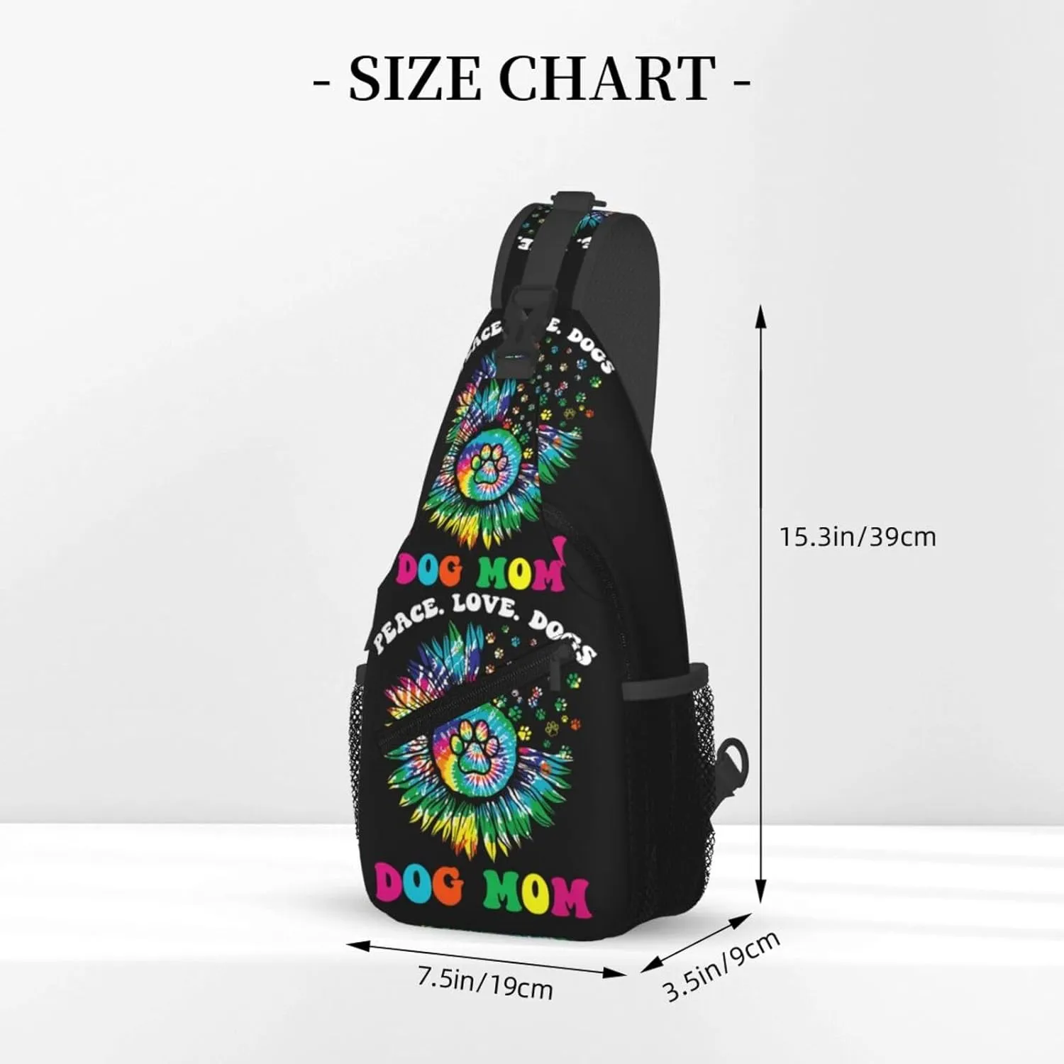 Hippie Dog Mom Peace Love Dogs Tie Dye Crossbody Bag Cross Chest Bag Adjustable Sling Backpack Sports Gym Shoulder Bags Travel Cycling Daypack Diagonally Casual Rucksack
