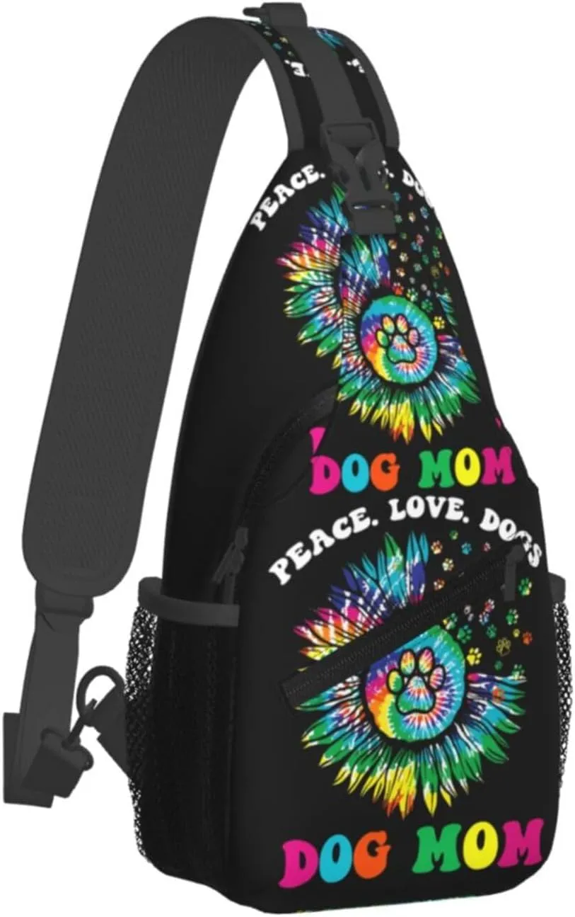 Hippie Dog Mom Peace Love Dogs Tie Dye Crossbody Bag Cross Chest Bag Adjustable Sling Backpack Sports Gym Shoulder Bags Travel Cycling Daypack Diagonally Casual Rucksack