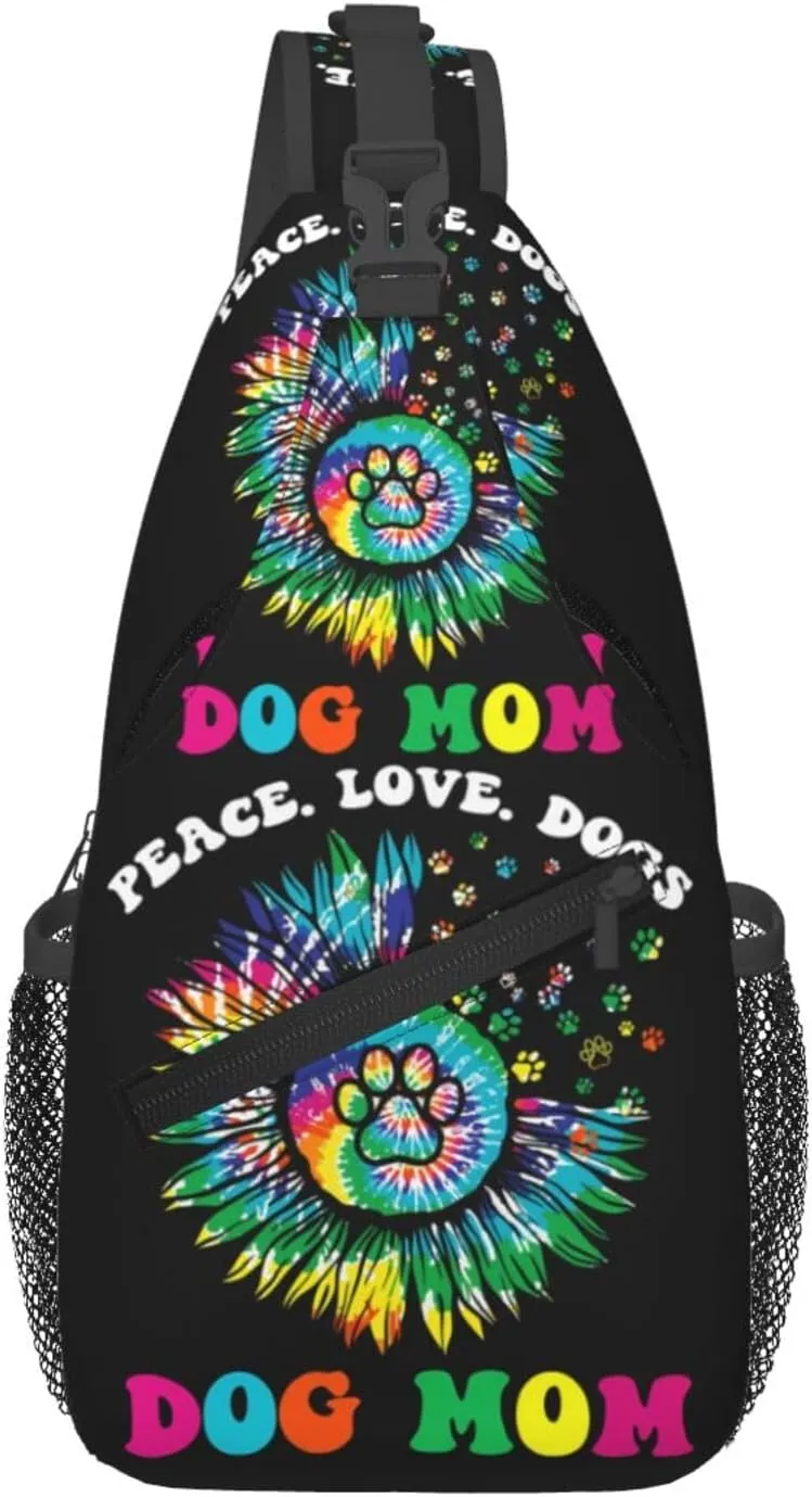 Hippie Dog Mom Peace Love Dogs Tie Dye Crossbody Bag Cross Chest Bag Adjustable Sling Backpack Sports Gym Shoulder Bags Travel Cycling Daypack Diagonally Casual Rucksack