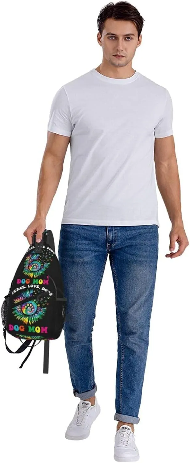 Hippie Dog Mom Peace Love Dogs Tie Dye Crossbody Bag Cross Chest Bag Adjustable Sling Backpack Sports Gym Shoulder Bags Travel Cycling Daypack Diagonally Casual Rucksack