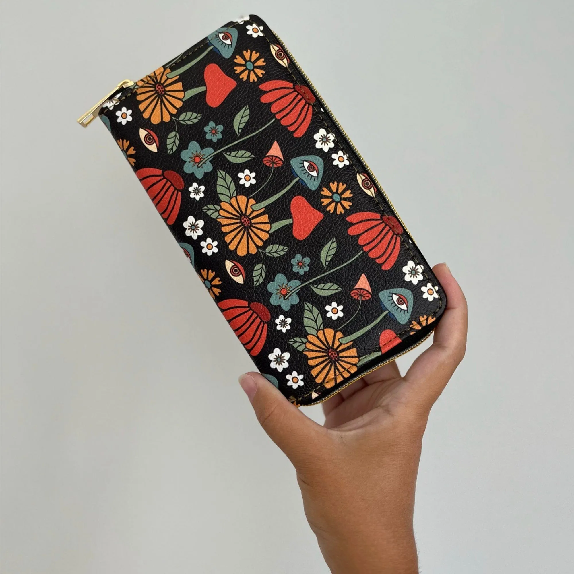 Hippie Mushroom On Black Zip-Around Wallet