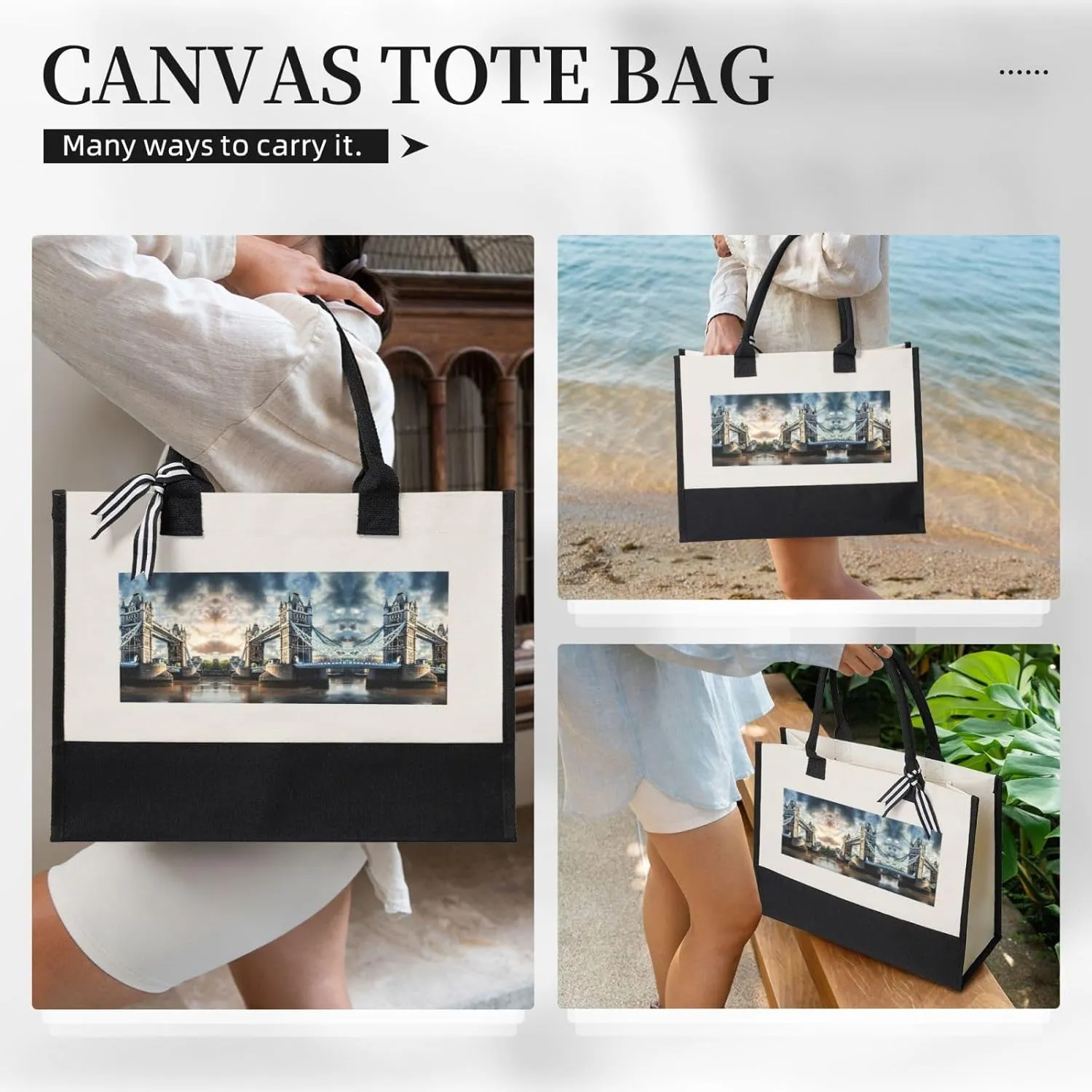Historic Old Tower Bridge London Christmas Tote Bags With Handles Canvas Reusable Gift Bag For Women Holiday Travel