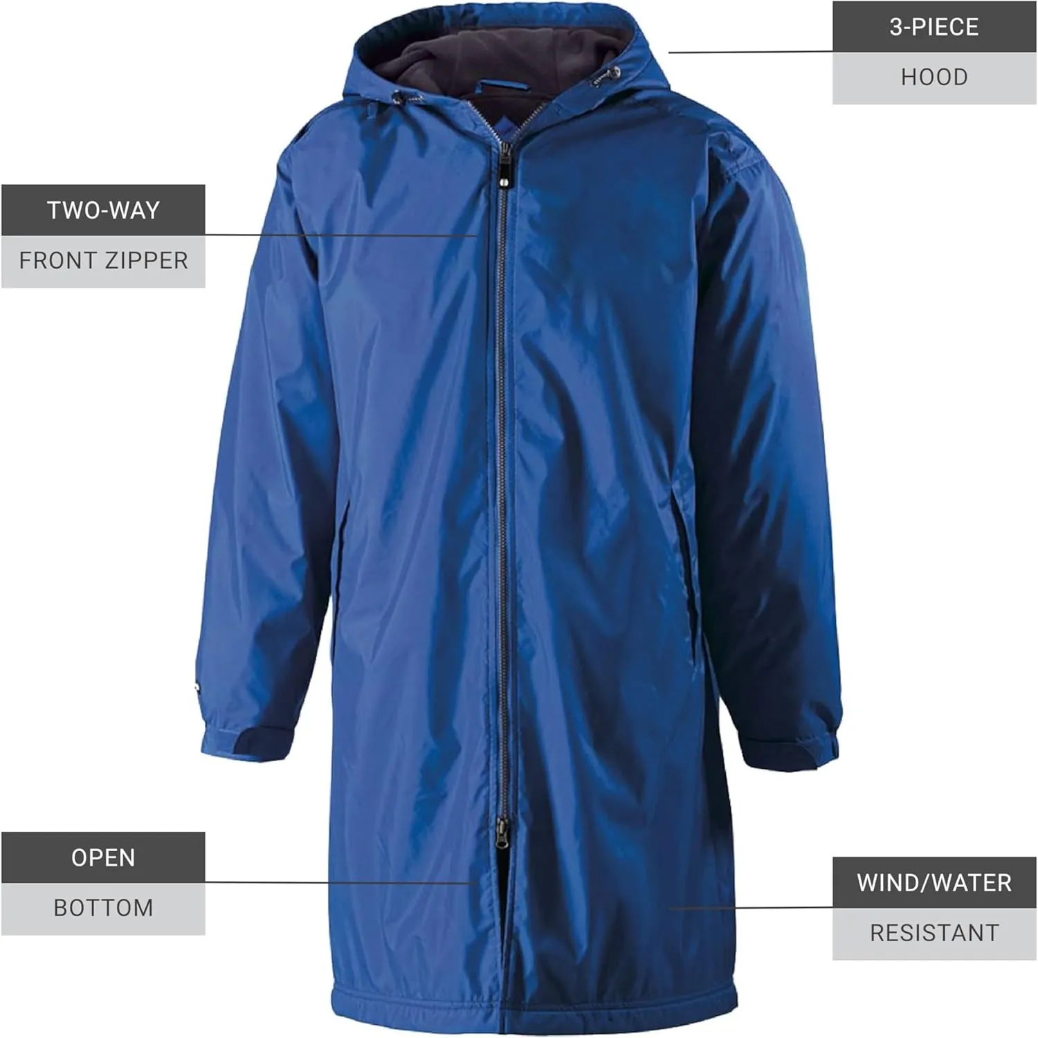 Holloway Men's Conquest Knee-Length Jacket – Warm-Up Wind/Water-Resistant Outerwear, Hooded & Adjustable Fit
