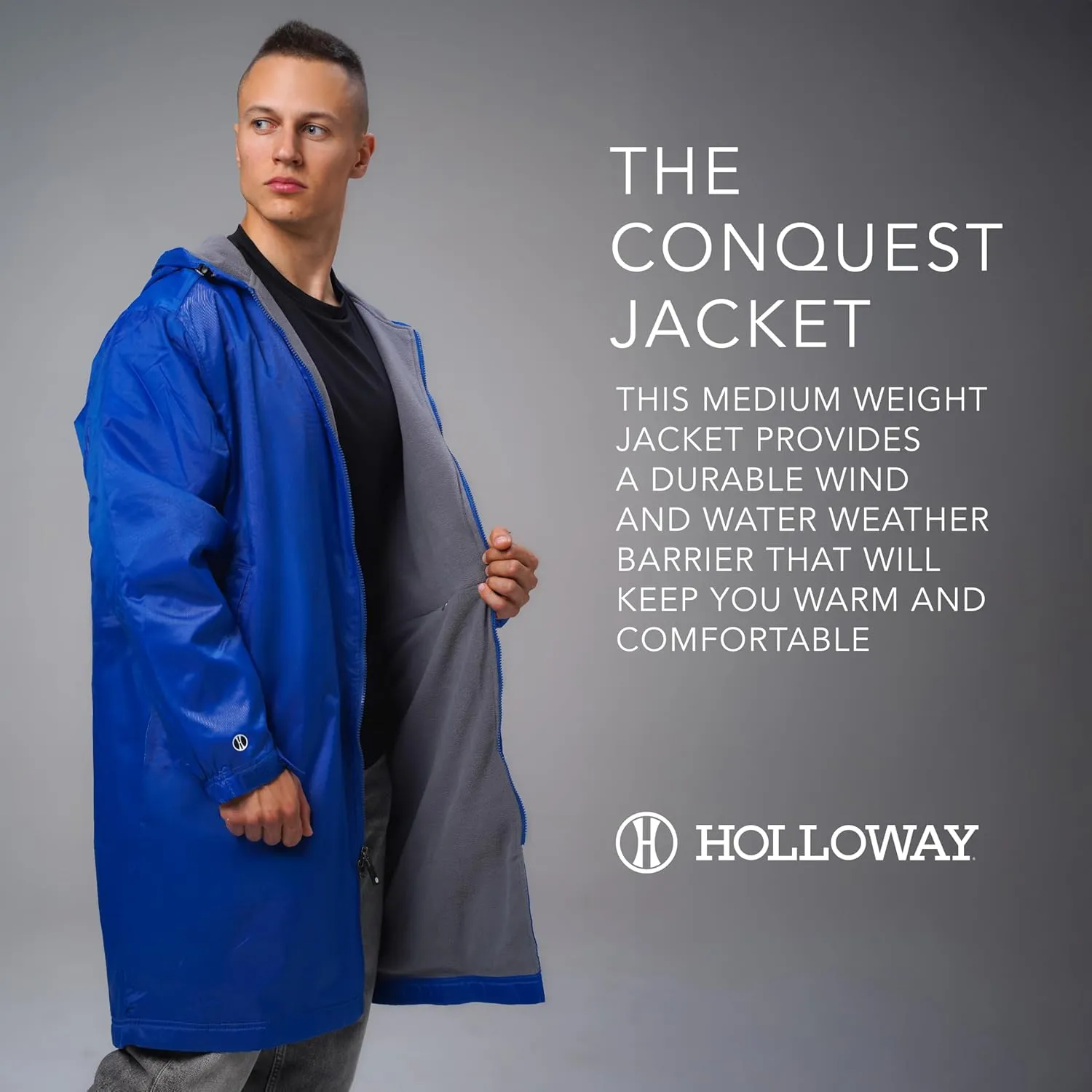 Holloway Men's Conquest Knee-Length Jacket – Warm-Up Wind/Water-Resistant Outerwear, Hooded & Adjustable Fit
