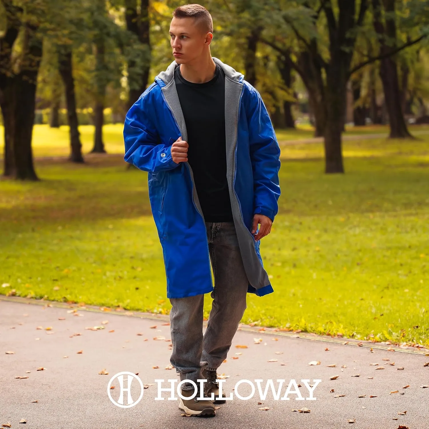 Holloway Men's Conquest Knee-Length Jacket – Warm-Up Wind/Water-Resistant Outerwear, Hooded & Adjustable Fit
