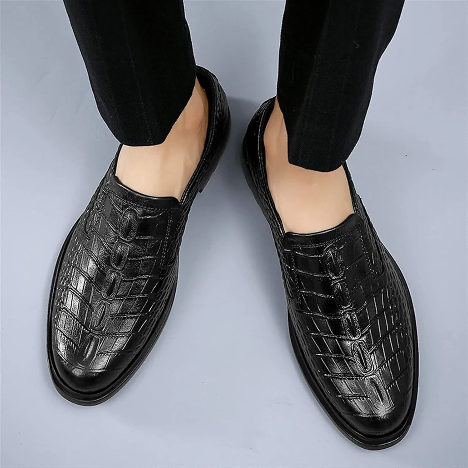 HOOENG Dress Shoes for Men Lace Up Round Toe Crocodile Embossed Leather Rubber Sole Block Heel Non Slip Resistant Party