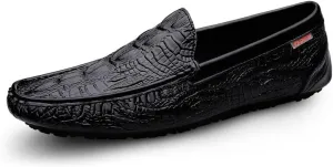HOOENG Men's Loafers Crocodile Embossed Round Toe Leather Flat Heel Anti-Slip Slip Resistant Prom Slip-on (Color : Black, Size : 7)