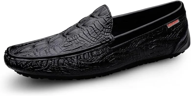 HOOENG Men's Loafers Crocodile Embossed Round Toe Leather Flat Heel Anti-Slip Slip Resistant Prom Slip-on (Color : Black, Size : 7)