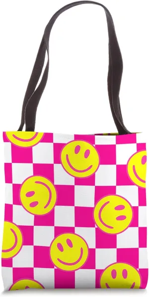 hot pink happy face check groovy 1960 mod vintage retro cute Tote Bag