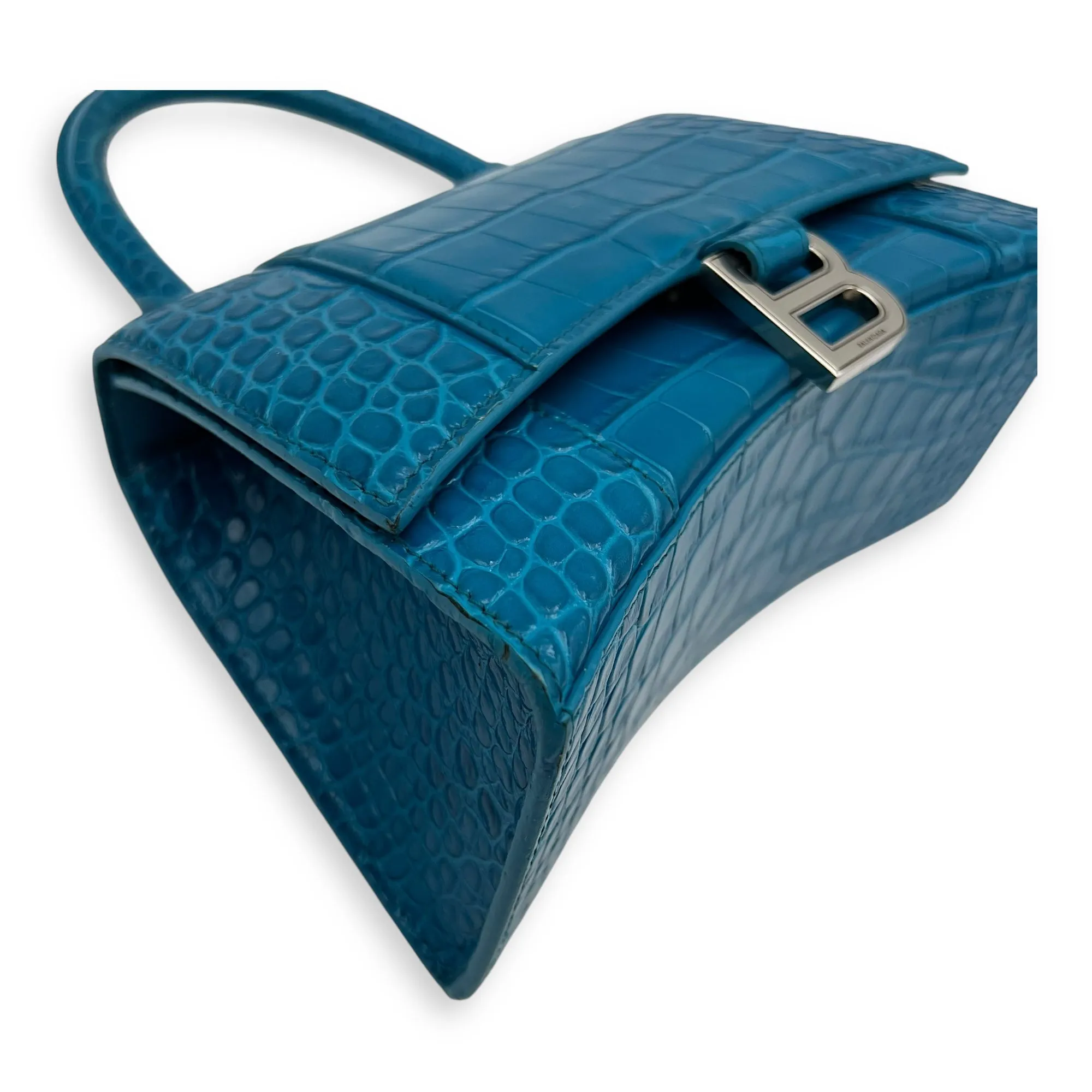 Hourglass Top Handle Bag Blue in Crocodile Embossed Calfskin, Silver hardware