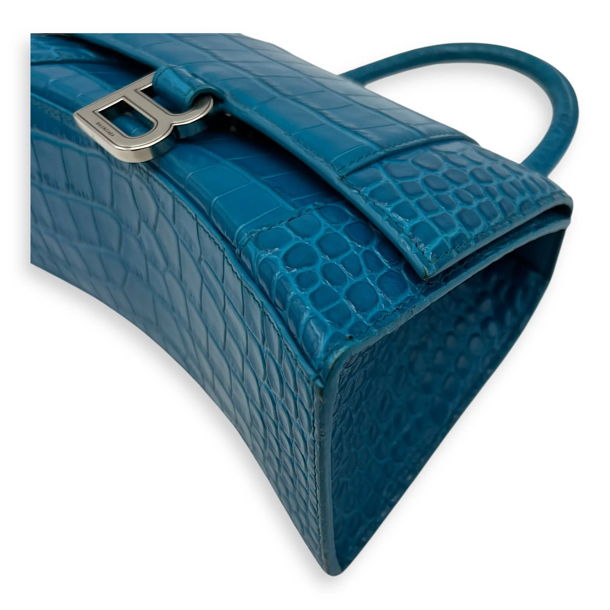 Hourglass Top Handle Bag Blue in Crocodile Embossed Calfskin, Silver hardware