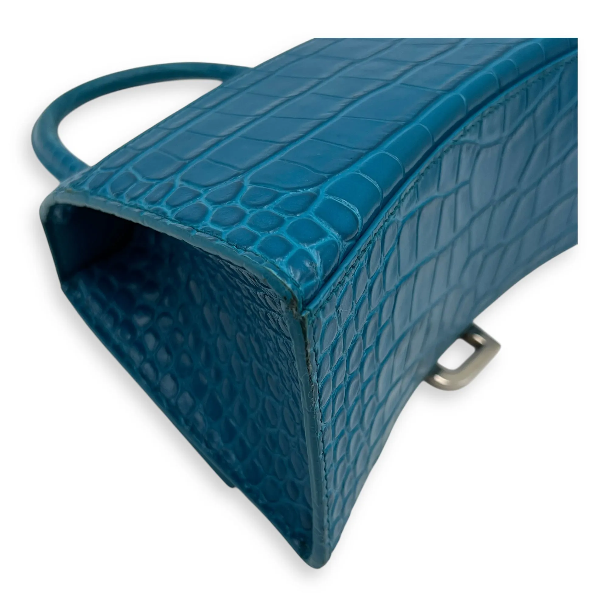 Hourglass Top Handle Bag Blue in Crocodile Embossed Calfskin, Silver hardware