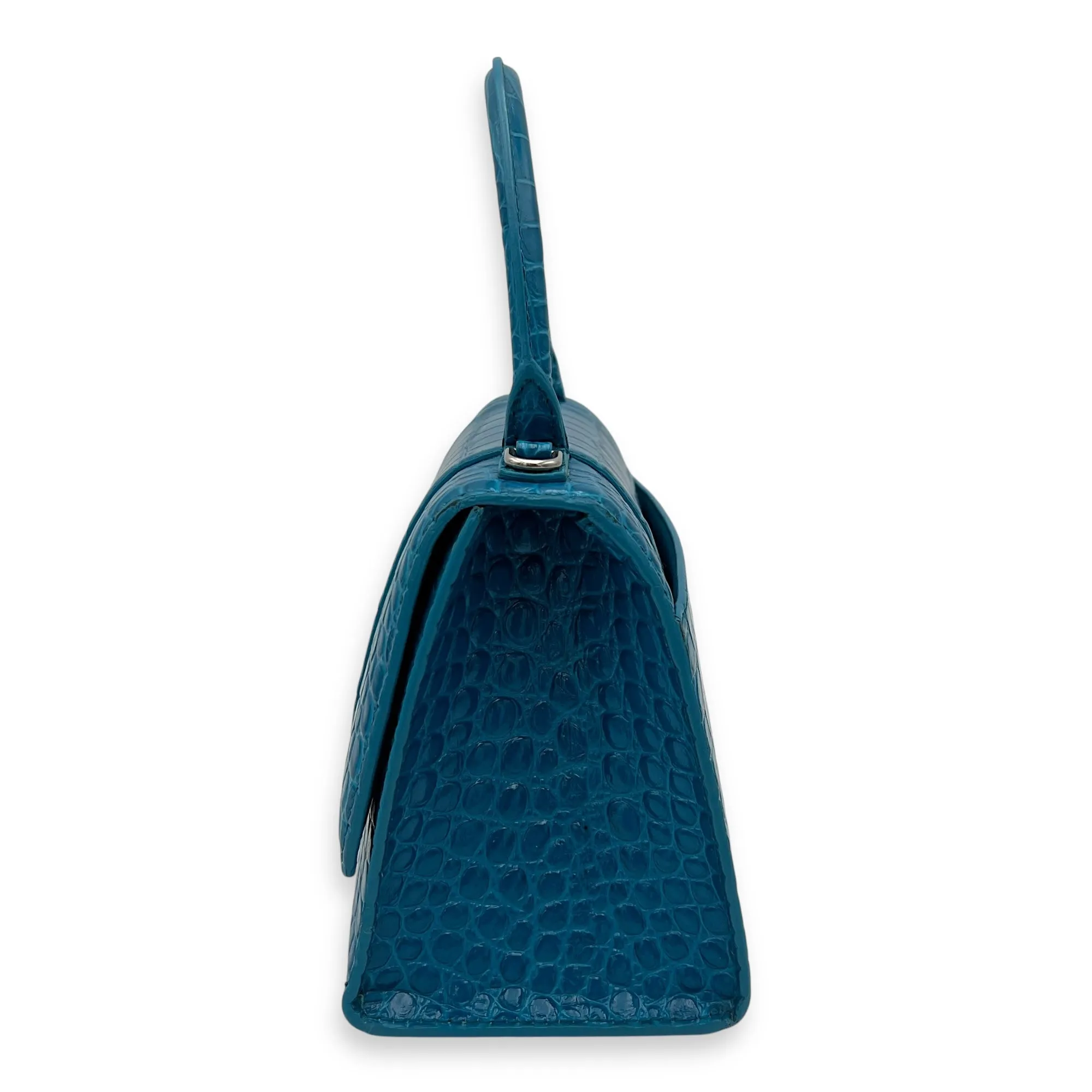 Hourglass Top Handle Bag Blue in Crocodile Embossed Calfskin, Silver hardware