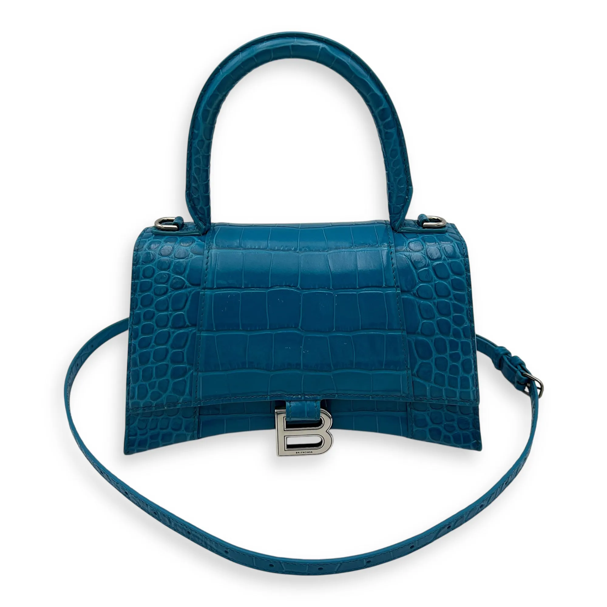 Hourglass Top Handle Bag Blue in Crocodile Embossed Calfskin, Silver hardware