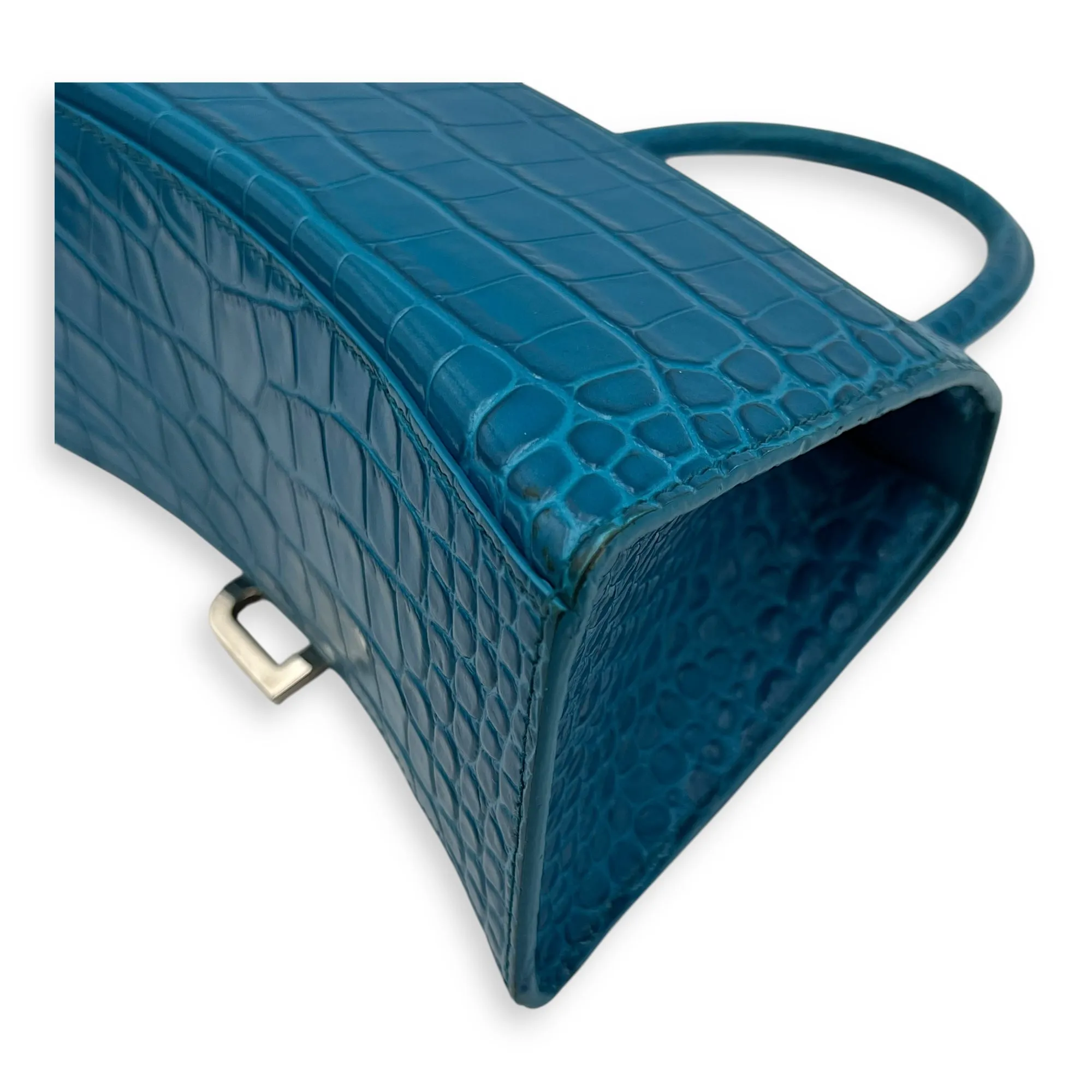 Hourglass Top Handle Bag Blue in Crocodile Embossed Calfskin, Silver hardware