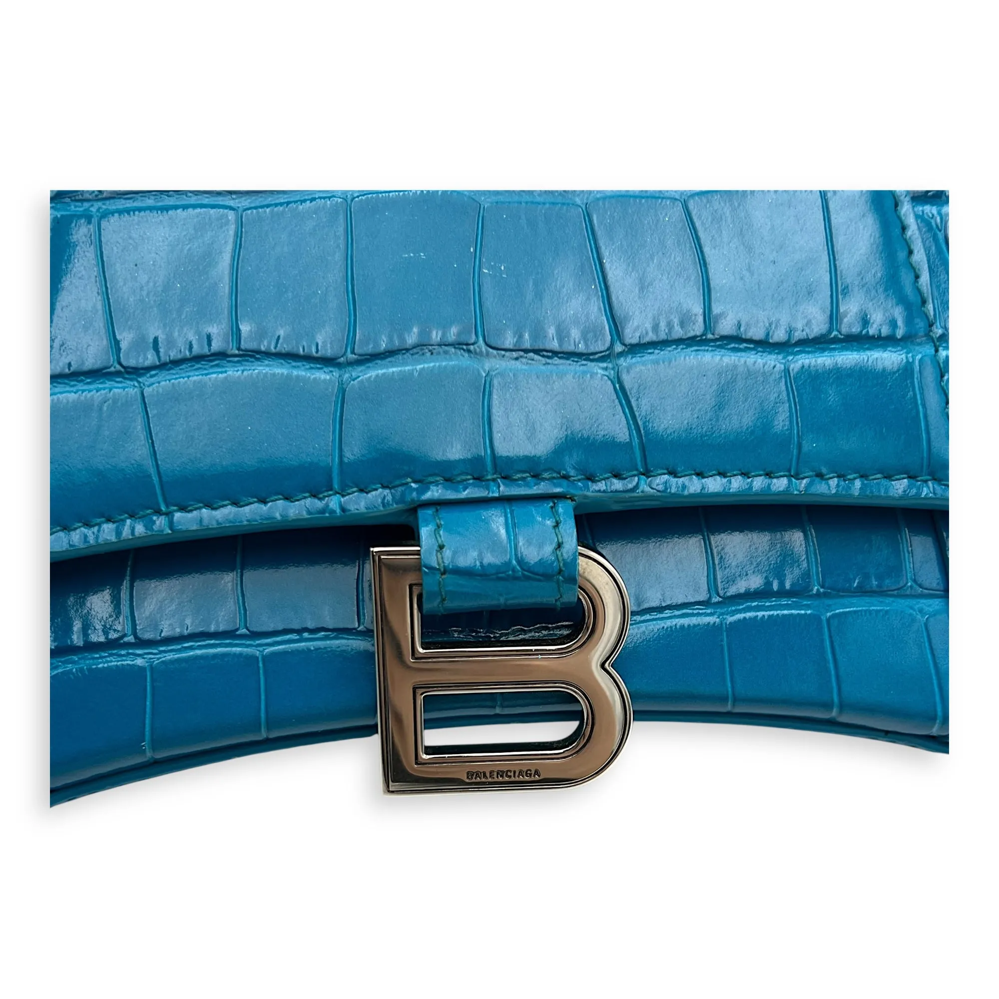 Hourglass Top Handle Bag Blue in Crocodile Embossed Calfskin, Silver hardware