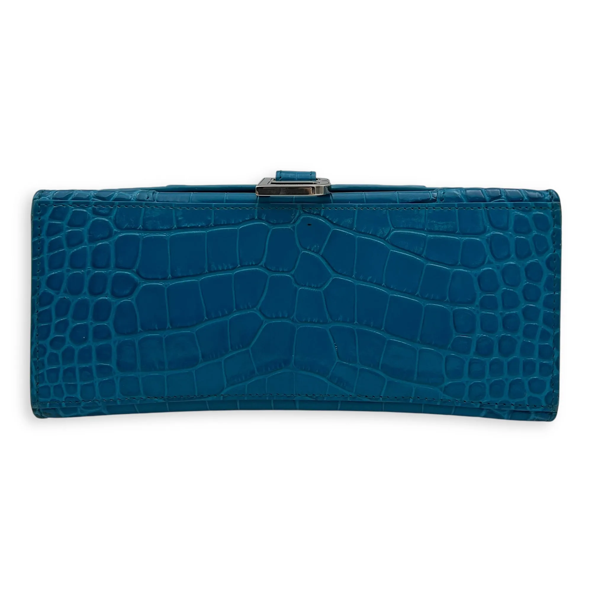 Hourglass Top Handle Bag Blue in Crocodile Embossed Calfskin, Silver hardware