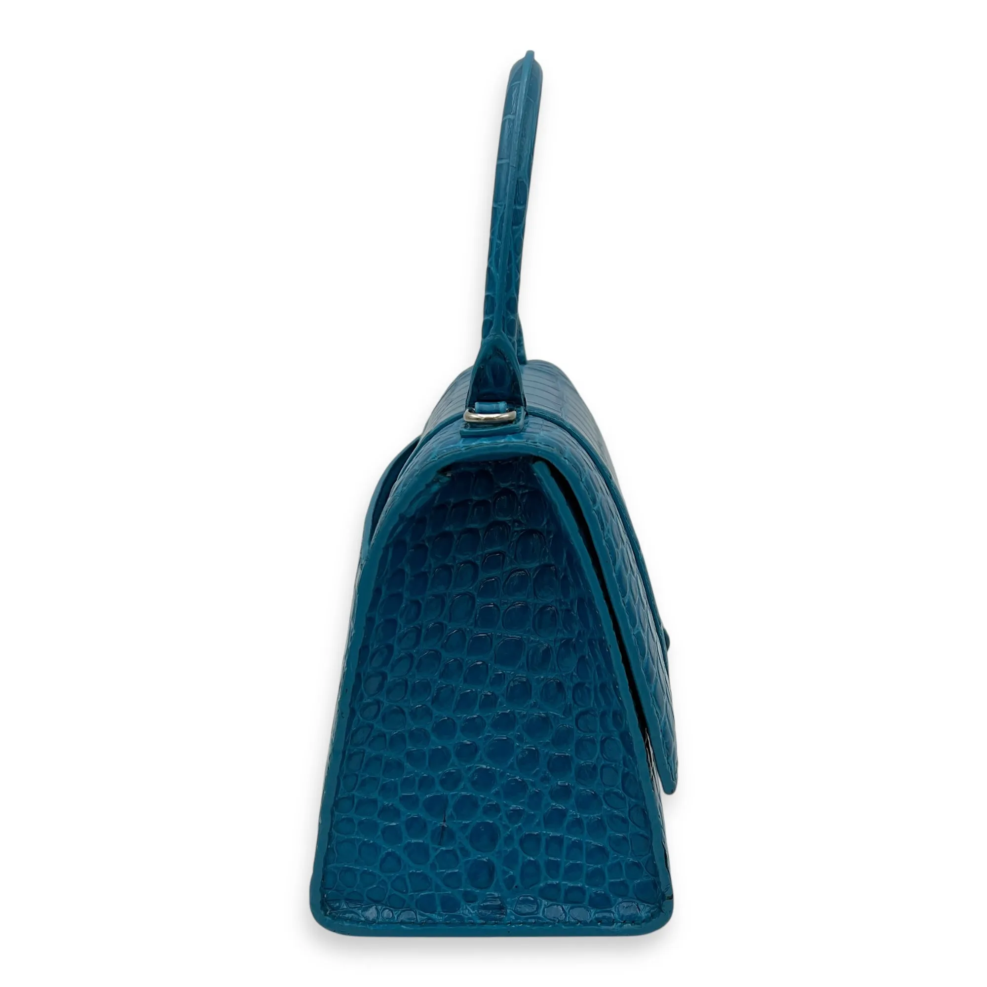 Hourglass Top Handle Bag Blue in Crocodile Embossed Calfskin, Silver hardware