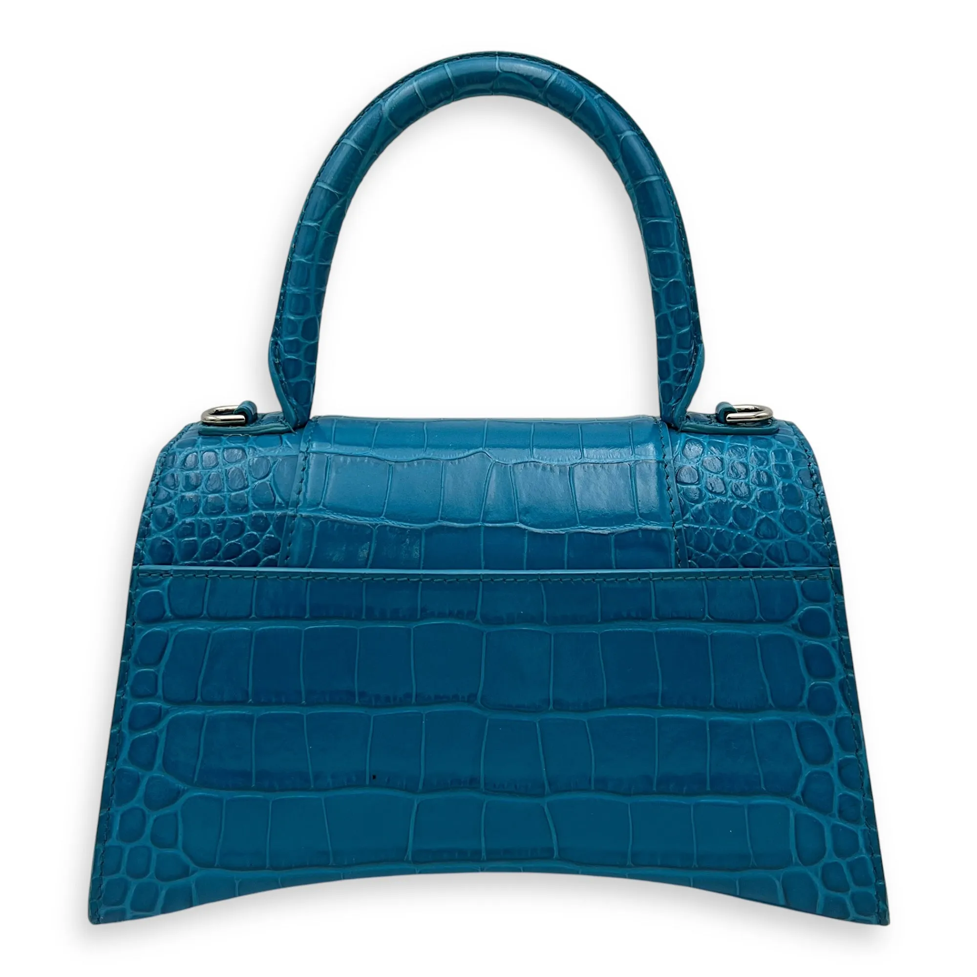 Hourglass Top Handle Bag Blue in Crocodile Embossed Calfskin, Silver hardware